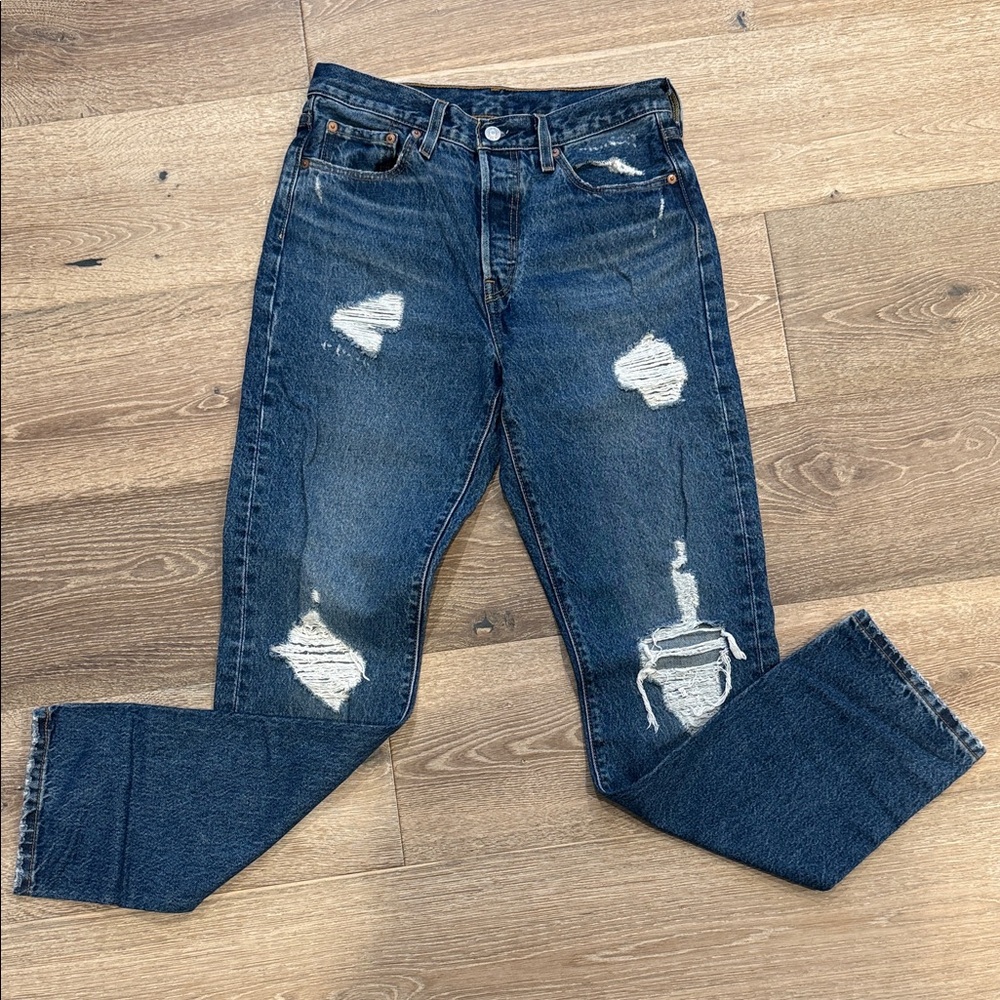 Levi's Blue Distressed 501 Straight Leg Jeans